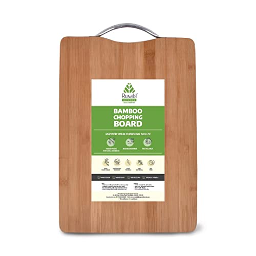 Rusabl Bamboo Chopping Board - Vegetable Cutting Board for Kitchen with Metal Handle, Natural Bamboo