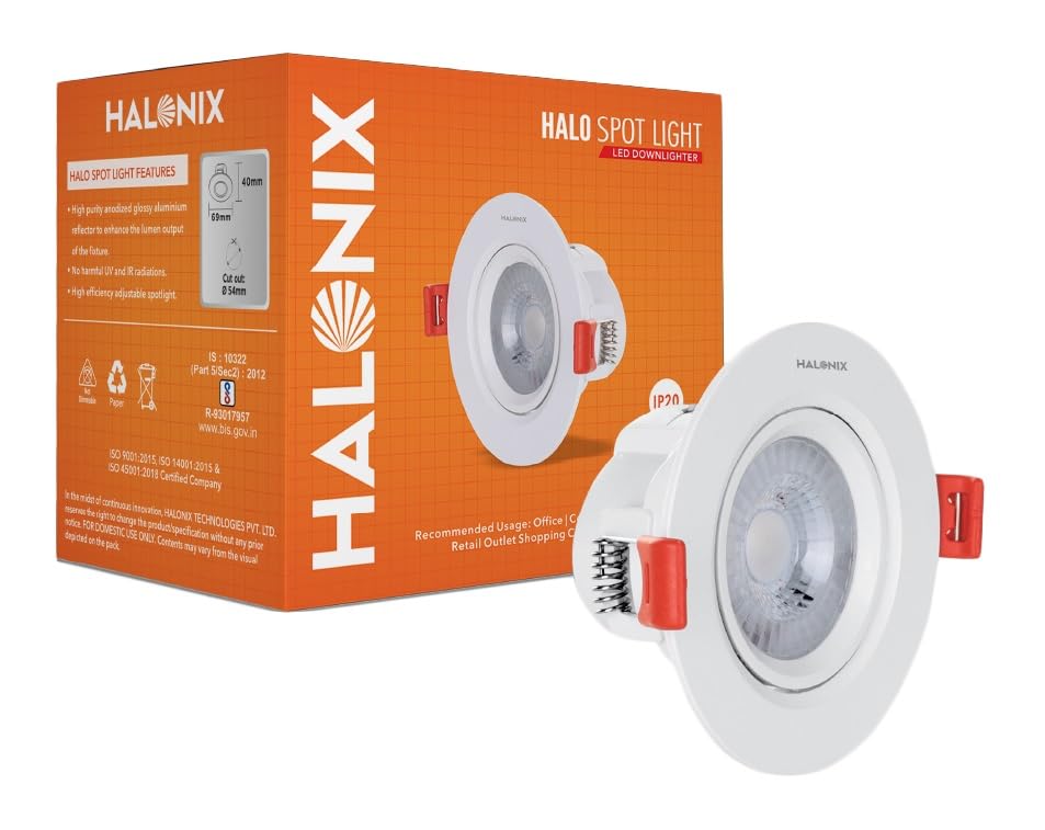 Halonix 6W 2700K Yellow Adjustable Halo led Spot Light | Compact Design with 120° Beam Angle |