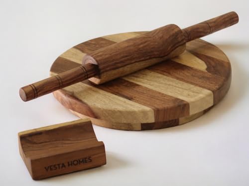 Vesta Homes Wooden Chakla Belan Set | Premium Solid Wood Roti Rolling Board and Pin with Stand | 9 *