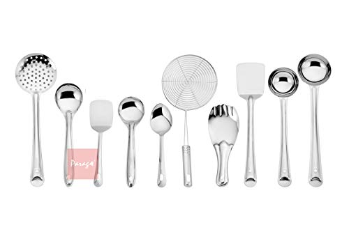 Parage Stainless Steel 10 Pieces Cooking Spoons Set, Contains Ladle, Turner, Strainer, Rice Spoon,