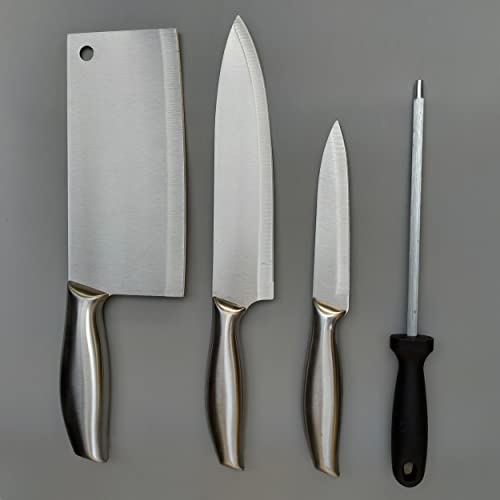 YELONA Premium 3 Stainless Steel Knife Combo Set - Paring, Chef, Meat Cleaver Sharpener | Heavy Duty