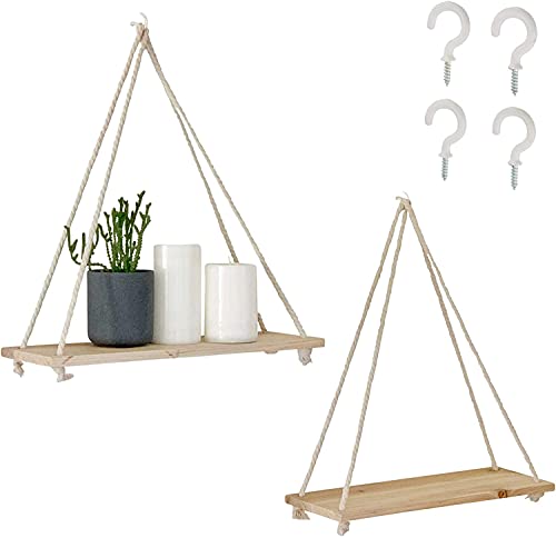ALMAND Wooden Floating & Hanging Rope Shelves with Wall Decor Swing Shelf,Living Room,Bedroom and