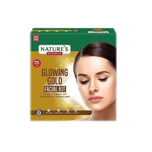 NATURES ESSENCE Glowing Gold Facial Kit With Free Facewash | For 3 Uses | Bright & Glowing Skin |