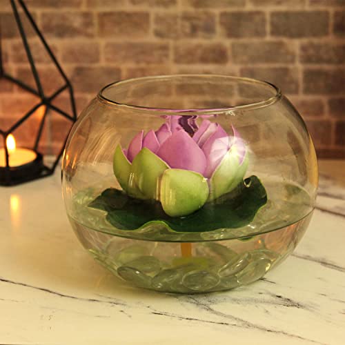 TIED RIBBONS Glass Vase for Decoration Round Glass Vessel with Faux Lotus and Natural Stones