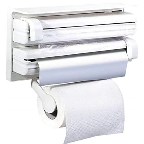 TRU TOYS 3 in 1 Triple Paper Dispenser for Paper Towels, Plastic Wrap and Silver Foil. Kitchen Wall