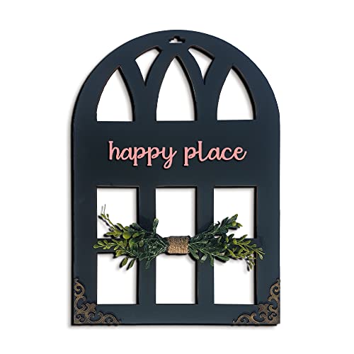 Chalk My Theme 3D Laser Cut Letters Happy Place Wall Décor in Window Style with Leaves Wooden Wall