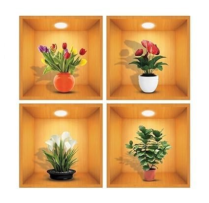 HEBEZON 3D Vase Wall Stickers, Flower Pot Wall Stickers, 3D Golden Cube Stickers, 3D Briks Sqare