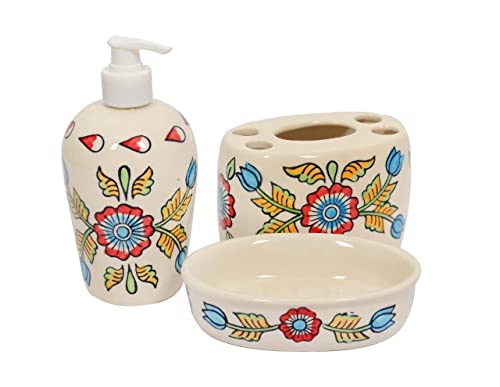 Skywalk Hand Painted Ceramic Bathroom Set of 3 Pieces - Liquid Soap Dispenser, Soap Dish and Brush