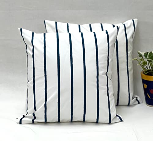 Sleepy Threads Blue and White Cushion Cover Hand Printed Striped Pattern Cotton Throw for Sofa,