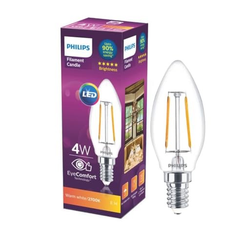 Philips 4-Watt 400-lumen Clear Candle E14 Base (Warm White) - Decorative, Ambience for Chandeliers,