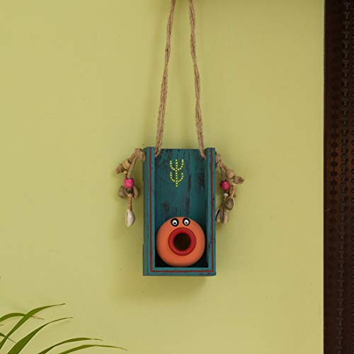 ExclusiveLane 'Oasis Pot-Face' Hand-Painted Decorative Wall Hanging in Terracotta & Wood- Wall