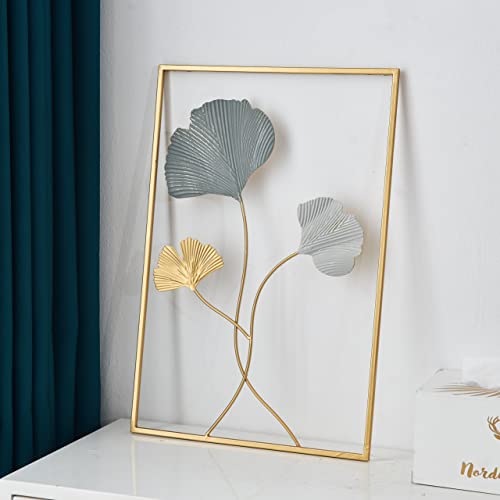 FUNTEREST Gold Metal Wall Decor, Blue & Gold Leaf Art Wall Hanging Home Decor with Frame, Wall Decor