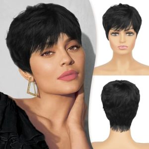 DAZZ LOOK Pixie Cut Hair Wigs Synthetic Hair Wig with Bangs Natural Short Black Wig Layered Wavy