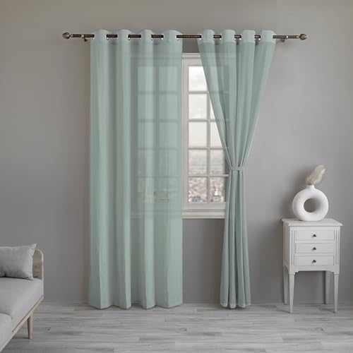 LINENWALAS Aqua Silver Cotton Linen Sheer Curtains, 5 Feet Window Curtain, Set of 2 Solid Curtains