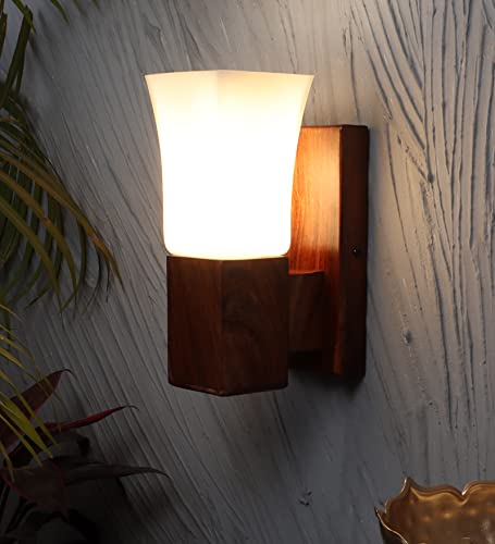 Green House 100% Handmade Sheesham Wood Wall Light Lamp | White Square Glass with E27 Bulb