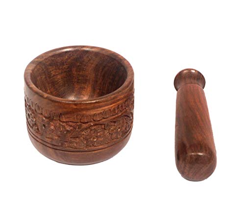 HomEnrich Wooden Carved Round Mortar and Pestle | Grinder for Herbs, Spices and Kitchen Usage,