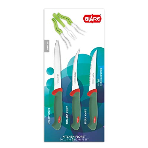Glare Kitchen Floret (Exclusive 3 Pcs. Knife Set) - Stainless Steel, Red & Green