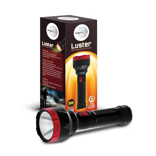 wipro Luster 3W Led Bright Rechargeable Torch |Emergency Torch Light |Li Ion Battery, Red and Black,