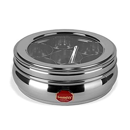 Sumeet Stainless Steel Belly Shape Masala (Spice) Box/Dabba/Organiser With See Through Lid With 7