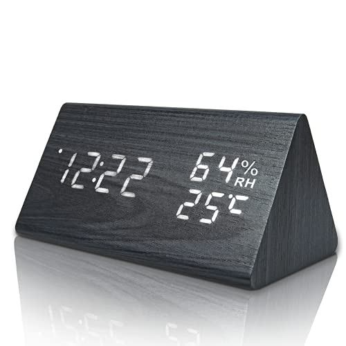 Kadio Wooden Digital Alarm Clock with Electronic LED Time Display, Humidity&Temperature Detect for