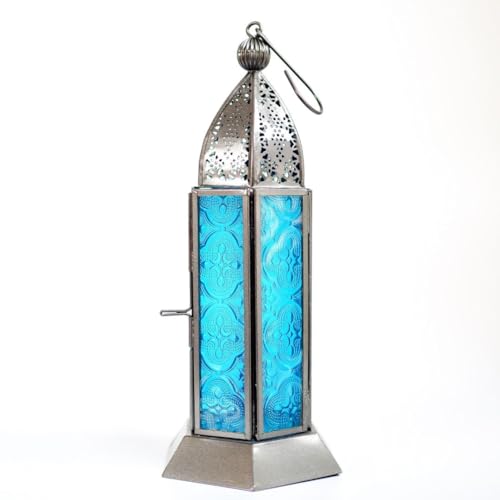 Behoma Moroccan Lantern for Home Decoration Metal Frame with Blue Textured Glass | Metal Showpiece