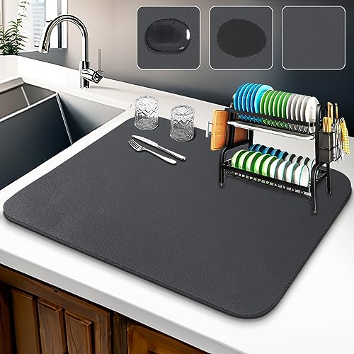 WIFER Dish Drying Mat - Large 24"x 16" Hide Stain Rubber Backed Absorbent for Kitchen Counter, Quick