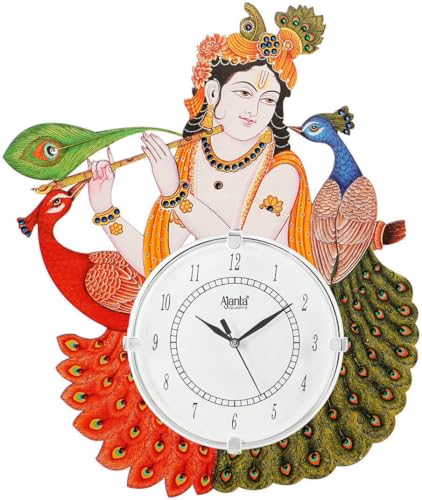 Wooden Antique Wall Clock Peacock Krishna Ji Handpainted for Home Decor Stylish Handmade Vintage