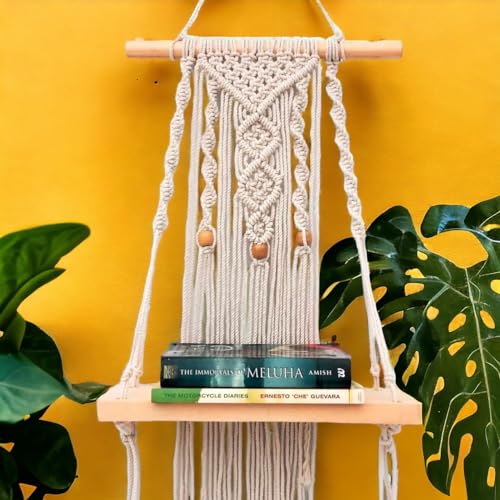 ecofynd 12 inches Cotton Wall Hanging Wooden Shelf, Bohemian Boho Nordic Style for Home Decor,