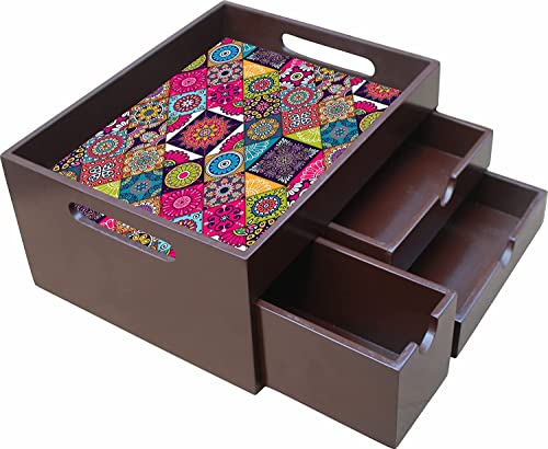 Enigmatic woodworks Wooden Multi Tray with 3 Drawers for Home & Kitchen I Storage Tray I Serving