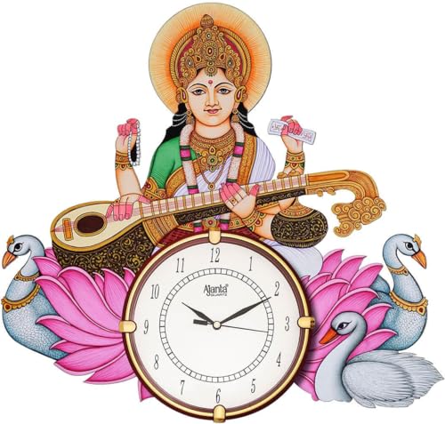 Wooden Antique Wall Clock Sarswati ji Handpainted for Home Decor Stylish Round Shape Handmade