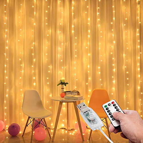 ANJAYLIA LED Curtain Lights USB Powered 144 LEDs 8 Modes Fairy String Lights Warm White with Remote