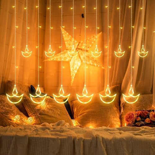 FLYNGO 12 Diya 138 LED Curtain String Lights for Decoration, Window Lights with 8 Flashing Modes for