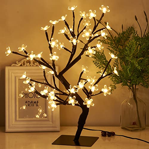 PEIDUO 17.5” Lighted Cherry Blossom Tree 48 Warm White Lights Plug in Adapter Light up Bonsai Tree