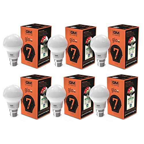 GM GLO - 7 Watt LED Bulb - B22 100 Lumens Per Watt - 6500K White - Cool Day Light (Pack of 6)