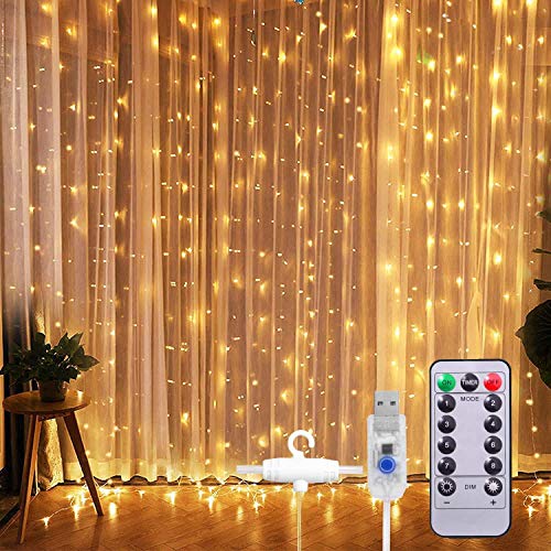 One94Store Fairy Curtain String Lights Warm White 300 LED with 8 Modes Remote Control, Adjustable