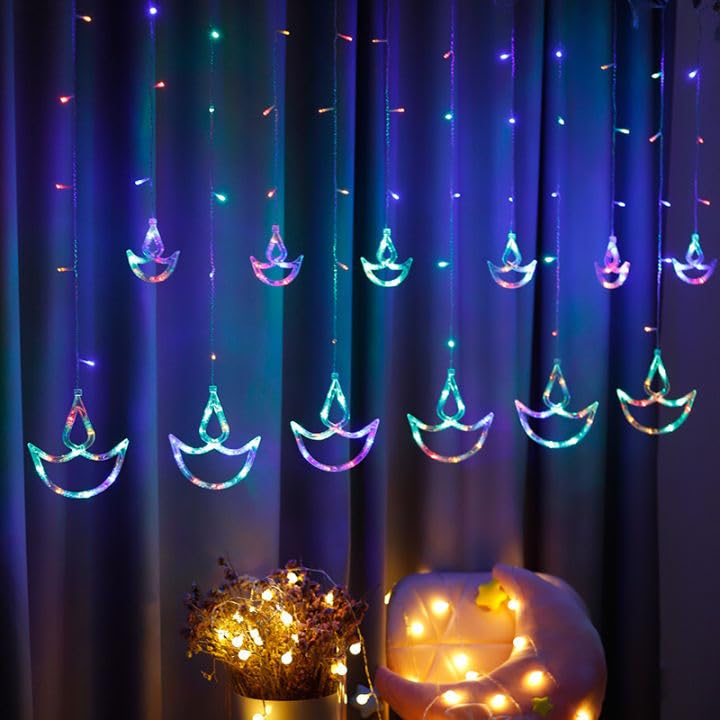 Diwali Decor Light 12 Diya 138 LED Glass Window Curtain String Lights with 8 Flashing Modes Multi