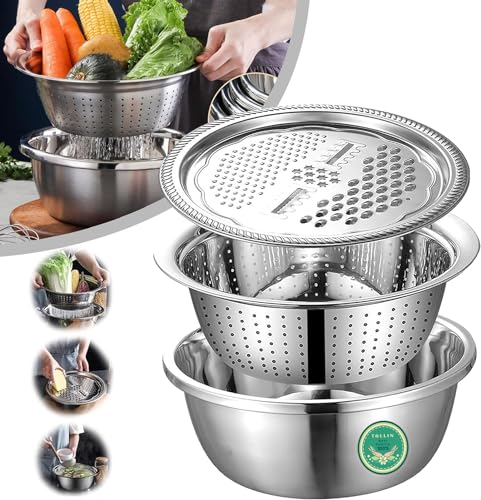 TALLIN New 3 in 1 Stainless Steel Basin With Grater Vegetable Cutter Julienne Grater with Drain