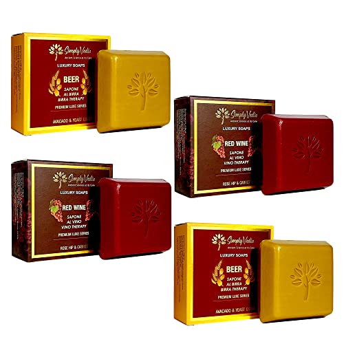 Simply Vedic Pack of 4 Premium Soaps Collection of Red wine soap(2) and Beer Soap(2) for Body, Hand,