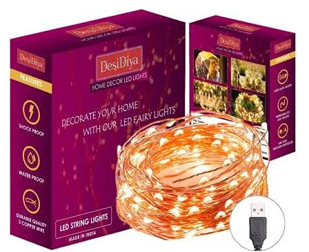 DesiDiya Copper 100 led Fairy String Lights with USB Powered Led Light (10 Meters,Corded Electric)