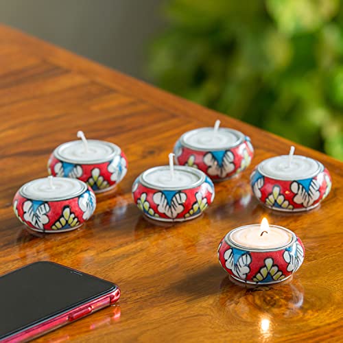 ExclusiveLane Shimmering Mughals Floral Hand-Painted Ceramic Tea Light Holders (Set of 6) - Tealight