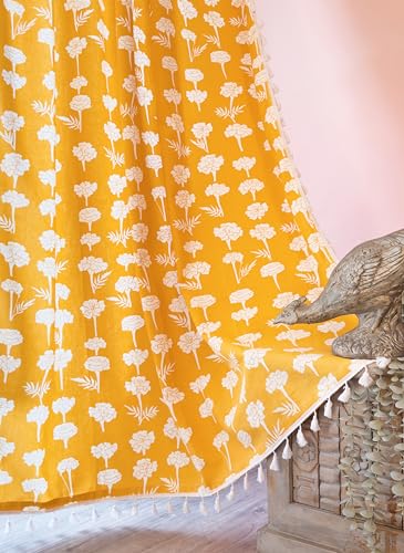Tranquebar Curtain Co. 100% Cotton, Bohemian Tasseled Marigold Floral Print, Room Darkening Curtains