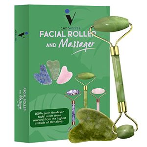 INNOVILLE Jade Roller & Gua Sha Double Sided Facial Massager Natural Stone Massage Beauty Tool for