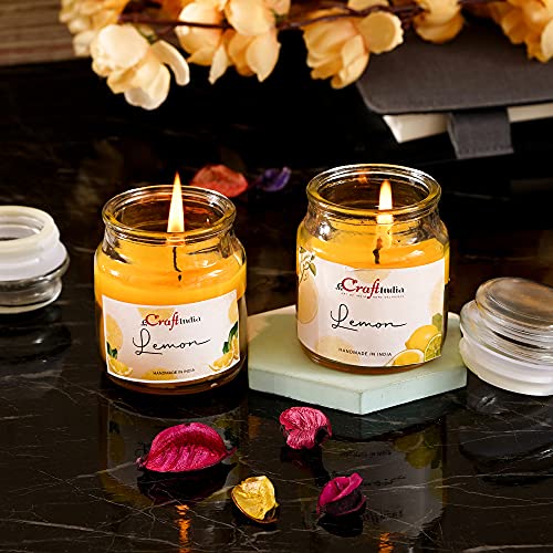 eCraftIndia Set of 2 Jar Lemon Scented Candles for Home Decoration - Fragrance Candles for Bedroom,