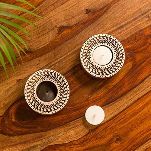 ExclusiveLane Mandala Hand-Carved Block Tea Light Holder (Set of 2, Sheesham Wood) - Decorative Tea