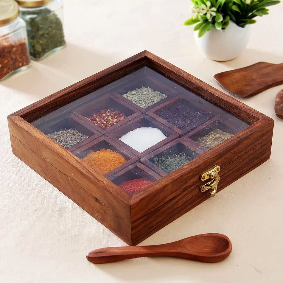 THEHEARTWILL Spice Box With 2 Spoon (Sheesham Wood) Spice Box For Kitchen/Masala Box For