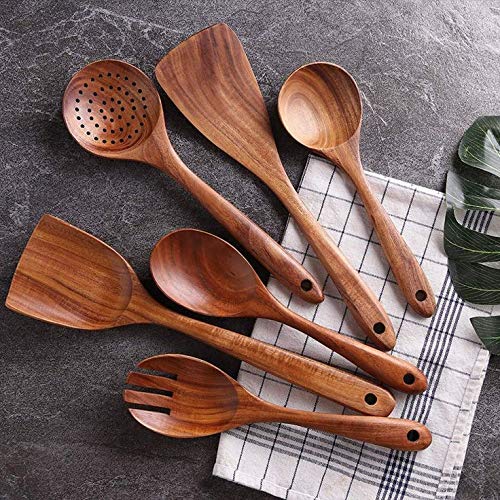 ITOS365 Handmade Wooden Non-Stick Serving and Cooking Spoon Kitchen Tools Utensil, Set of 6,30.5
