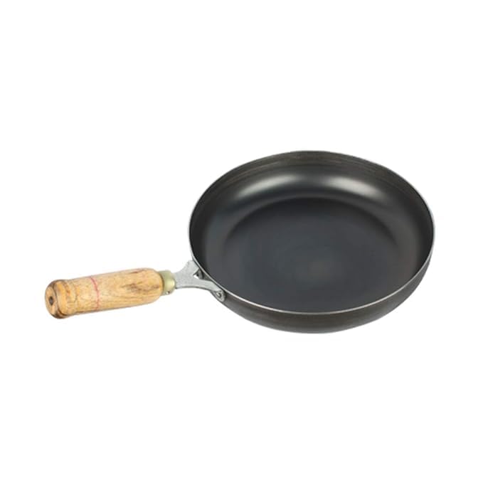 KASHVIYA Iron Original Iron Tadka Pan/Frying Pan with Wooden Handle for Kitchen | Medium, 24.7cm/9.7