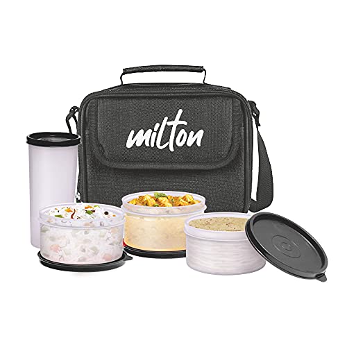 MILTON New Meal Combi Lunch Box, 3 Containers, 280 ml Each and 1 Tumbler, 400 ml, Black | Food Grade
