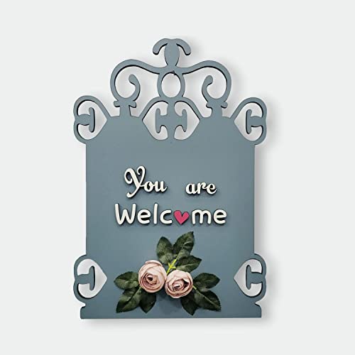 Chalk My Theme You are Welcome Wooden Wall Hanging with Artificial Pink Roses and Leaves for Living