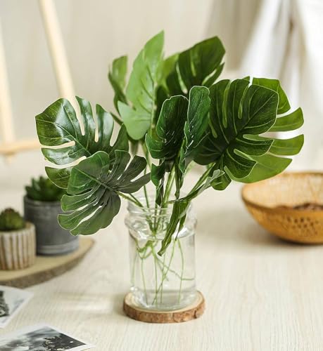 SATYAM KRAFT 12 Pcs Artificial Flower Plant Small Monstera Palm Leaves for Gifting, Office Desk,